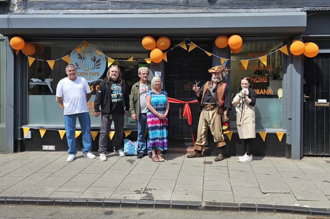 Celebrating the grand opening of the Cat Café with a pirate-themed ribbon cutting!